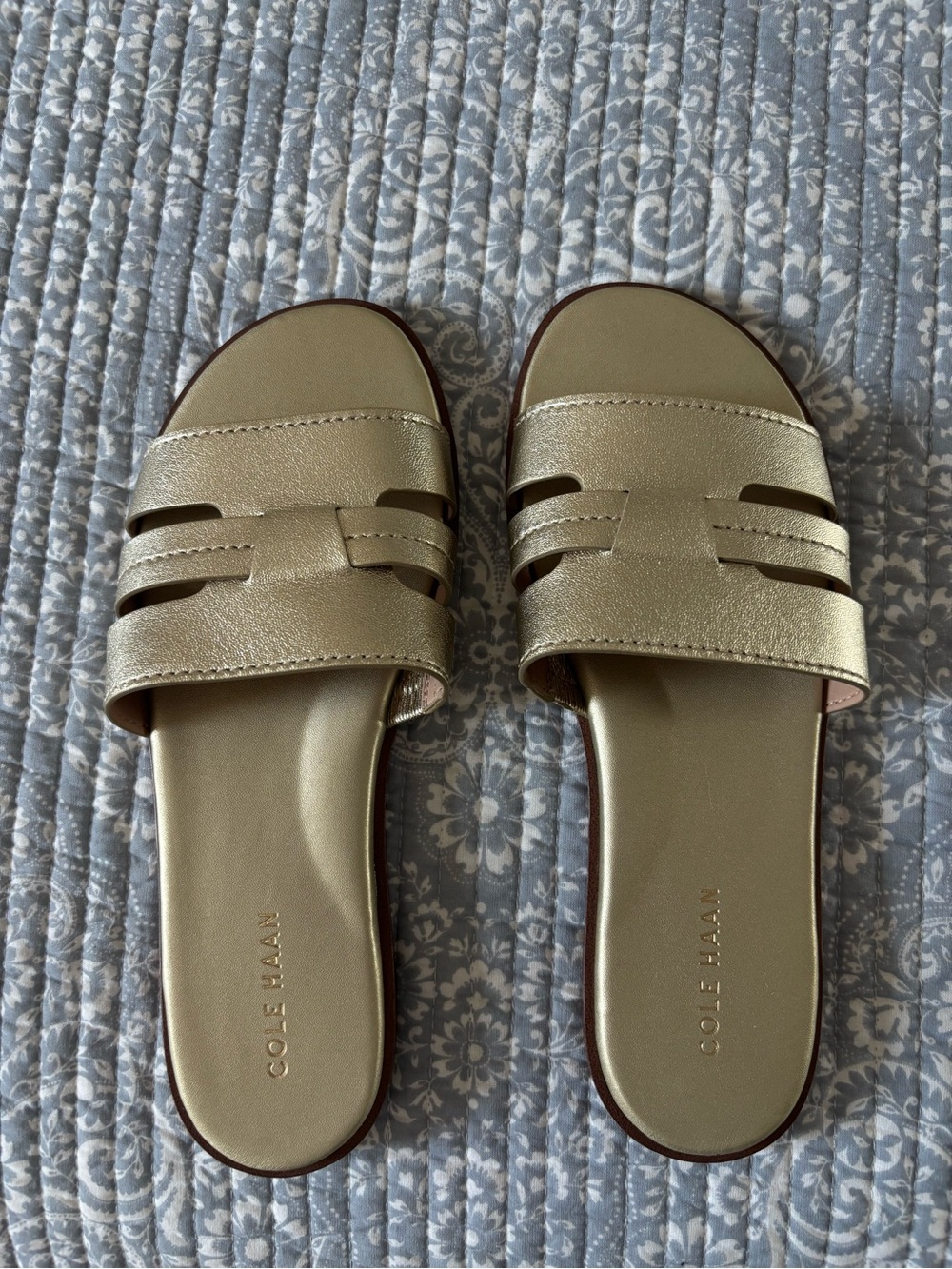 Cole Haan Women’s Metallic Gold Slide Sandals with Woven Strap never worn